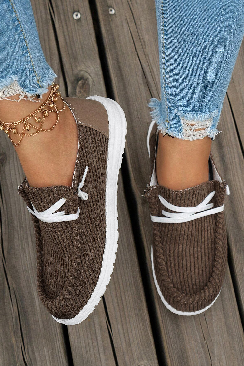 Solid Ribbed Criss Cross Slip On Casual Shoes