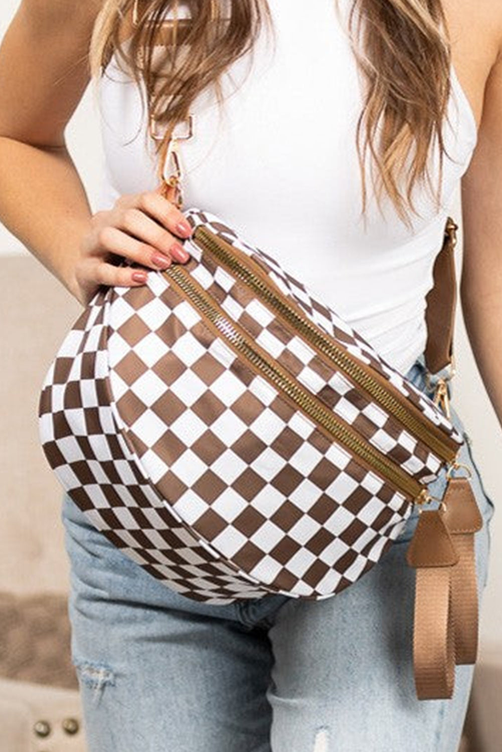 Checkered Print Wide Strap Large Crossbody Bag
