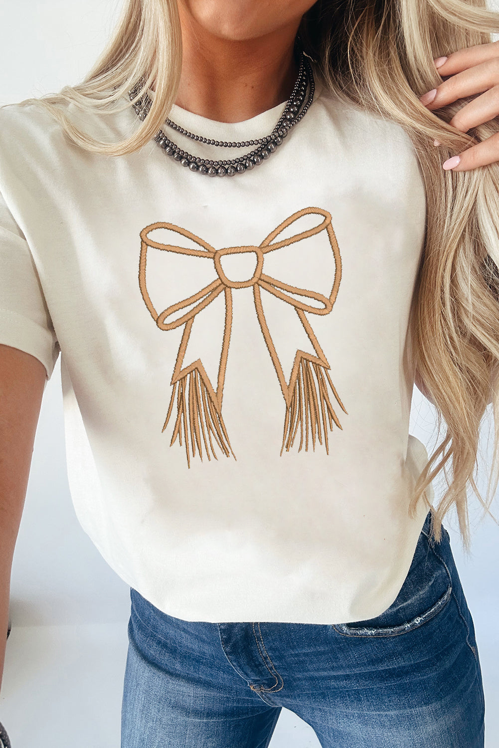 White Tassel Bowknot Embroidered Graphic Print Western Round Neck T Shirt