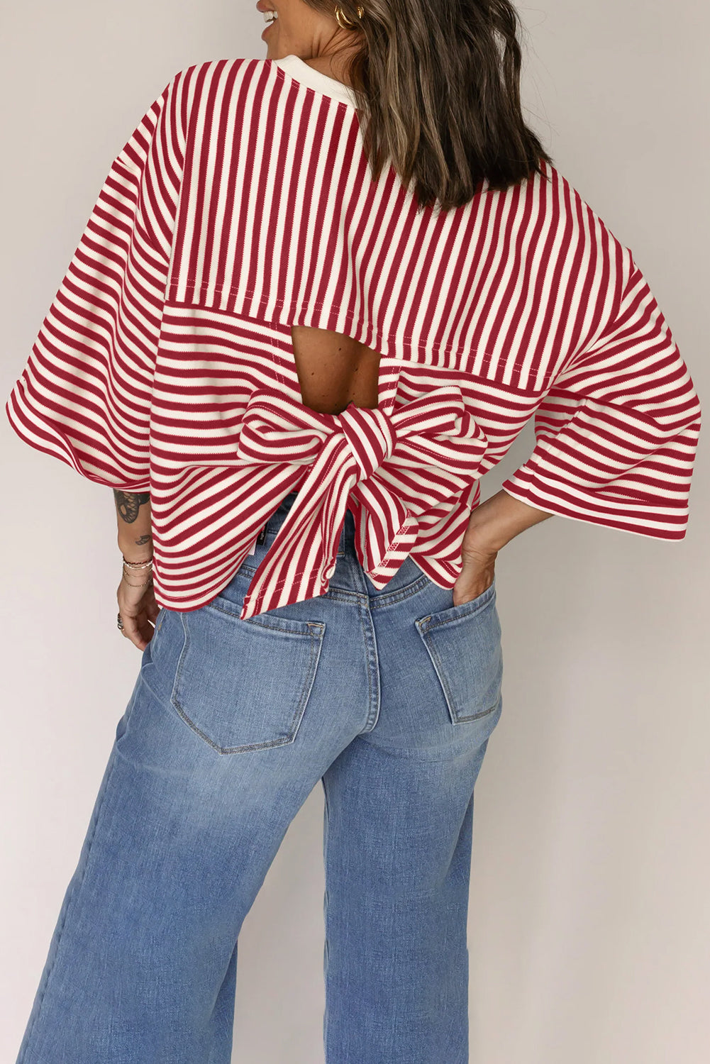 Stripe Bowknot Cutout Back Drop Shoulder Wide Bracelet Sleeve Loose Tee