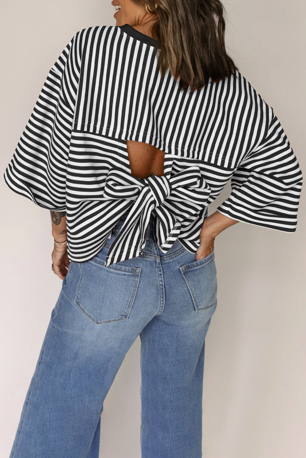 Stripe Bowknot Cutout Back Drop Shoulder Wide Bracelet Sleeve Loose Tee