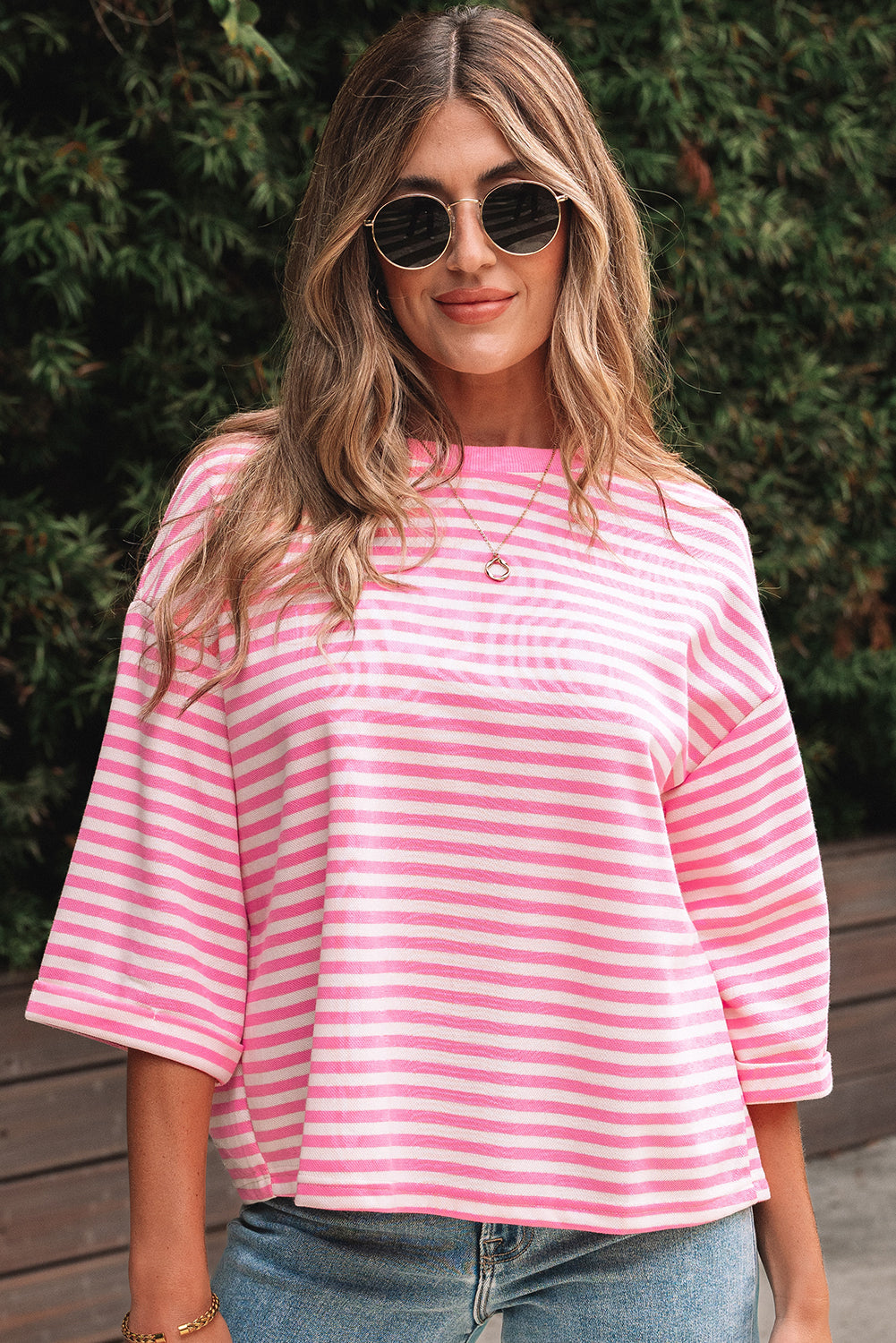 Stripe Bowknot Cutout Back Drop Shoulder Wide Bracelet Sleeve Loose Tee