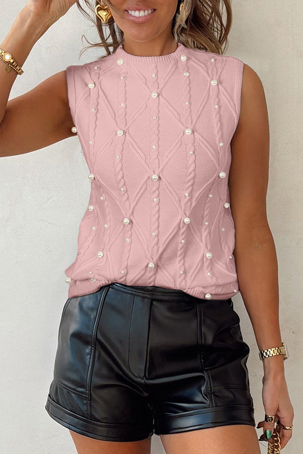 Pearled High Neck Textured Knit Sweater Vest