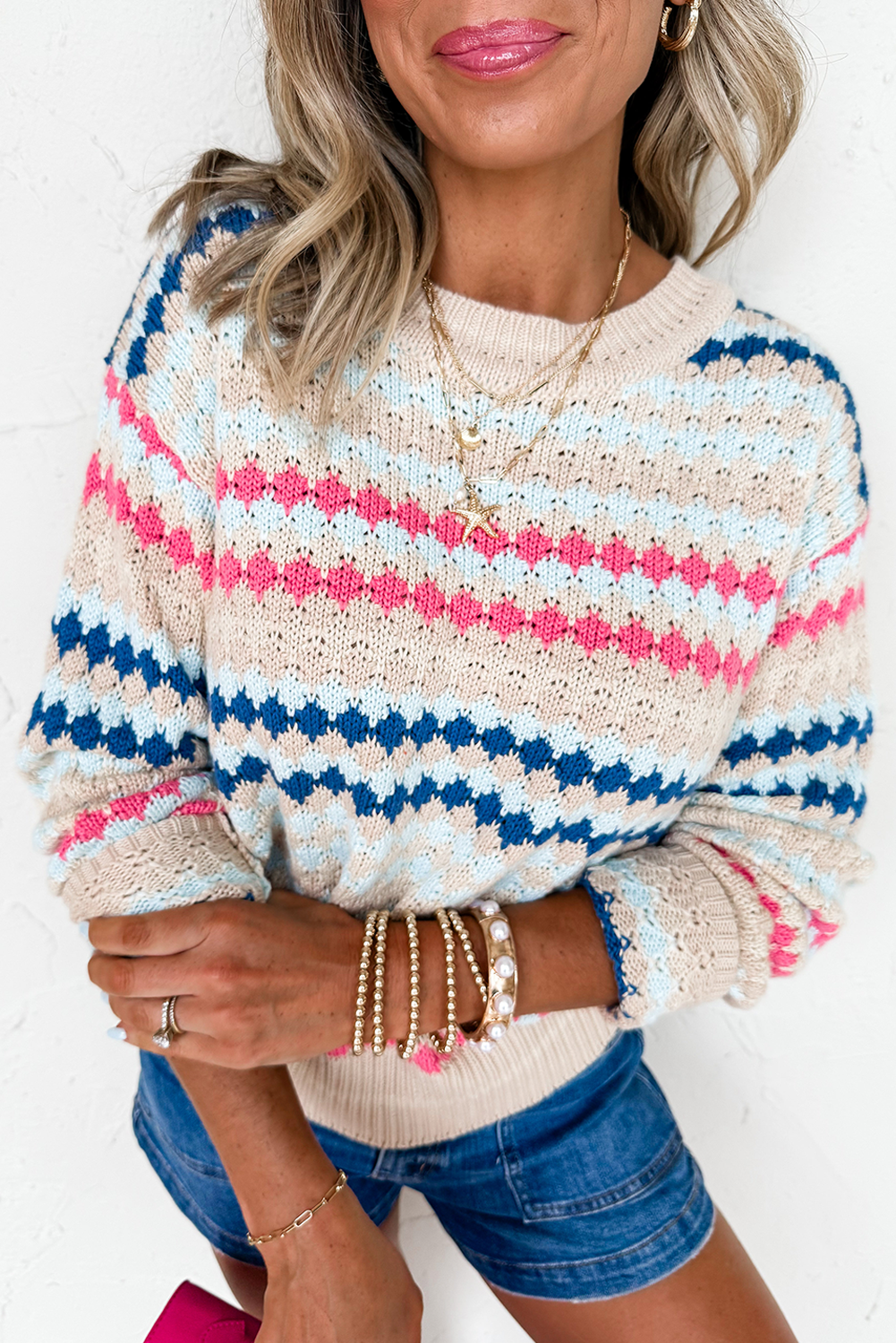 Khaki Stripe Eyelet Patterned Drop Shoulder Sweater