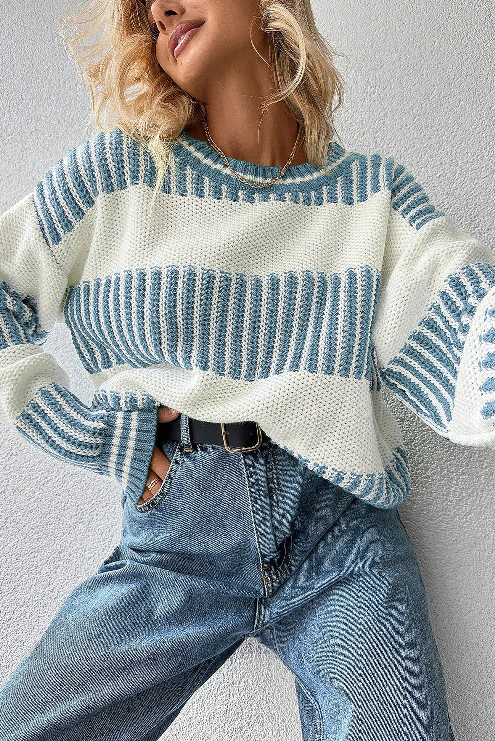 Khaki Two Tone Striped Patchwork Drop Shoulder Loose Sweater