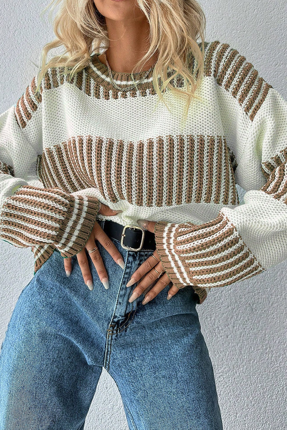 Khaki Two Tone Striped Patchwork Drop Shoulder Loose Sweater