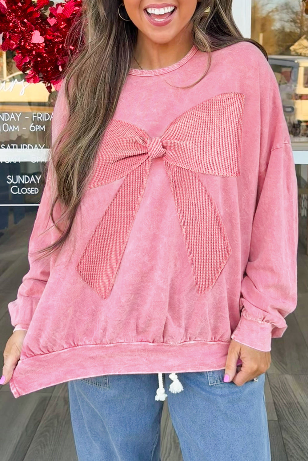 Mineral Wash Big Bow Patchwork Pullover Sweatshirt