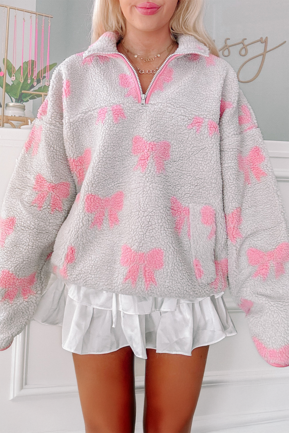 Gray Bow Sherpa Quarter Zip Drop Shoulder Baggy Sweatshirt