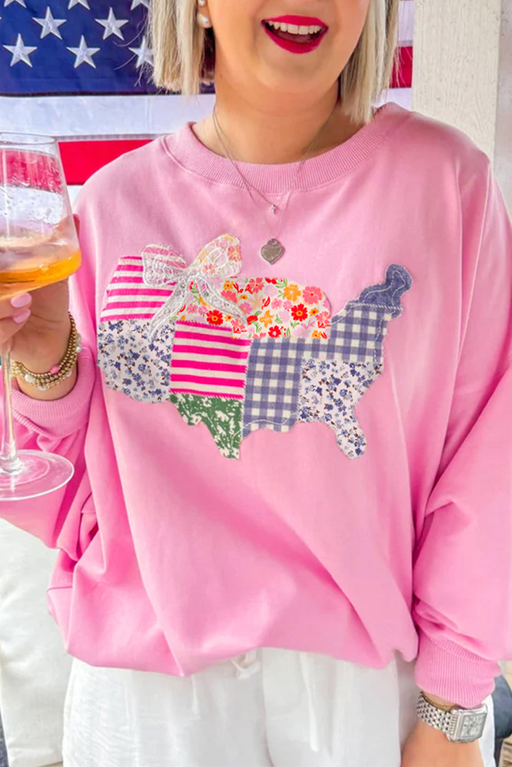 Pink USA Map Patched Graphic Patriotic Sweatshirt
